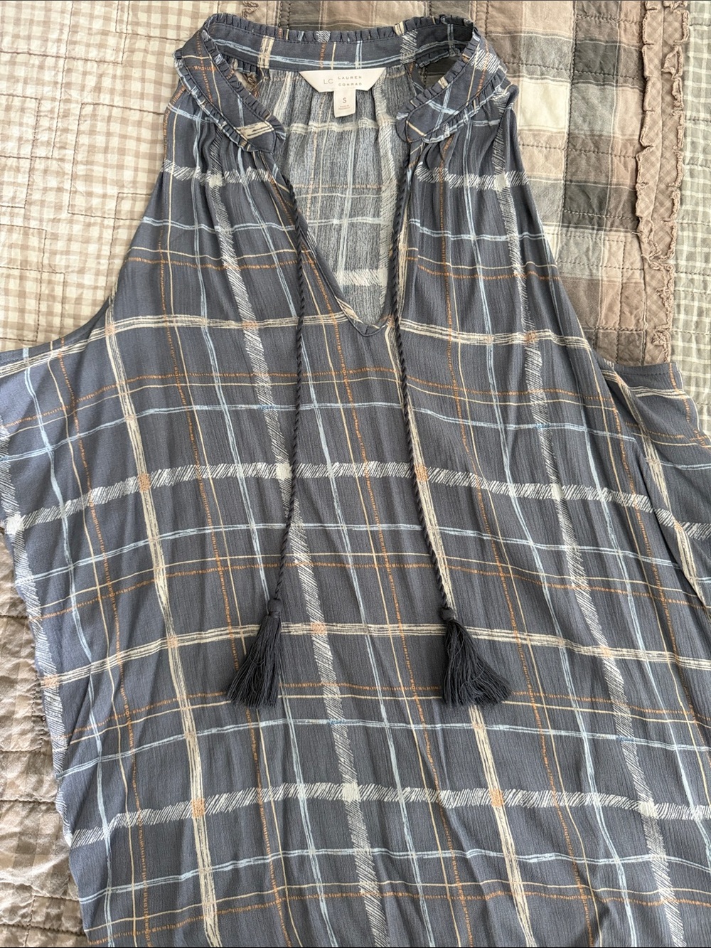 LC Lauren Conrad Gray Blue Plaid Tassel V-Neck Tunic